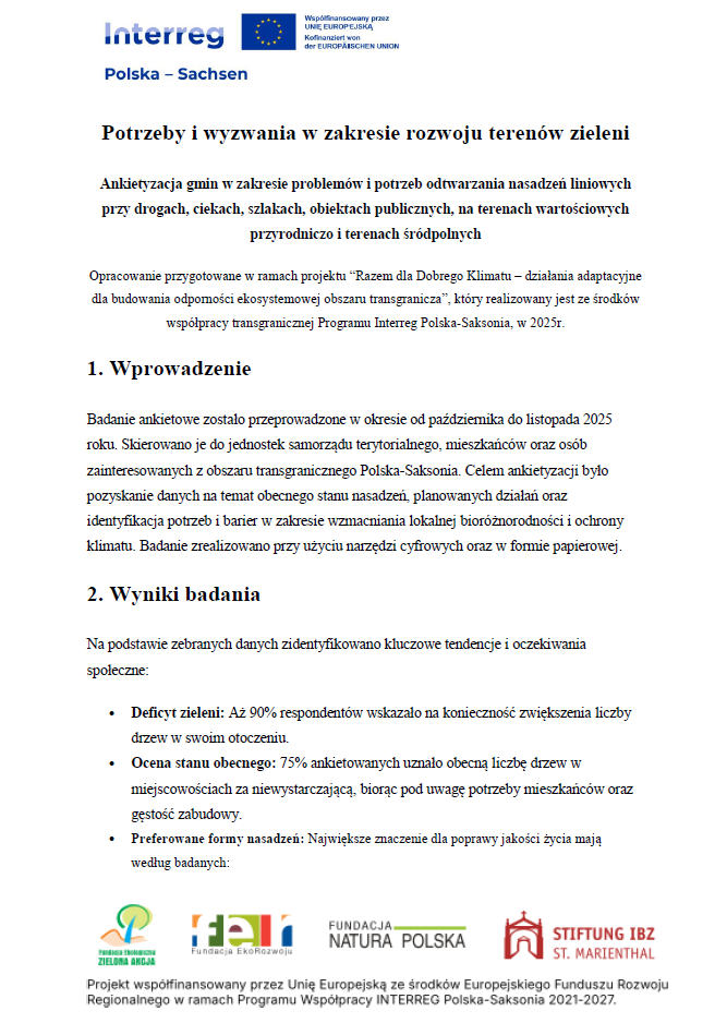 Opracowanie wyników badania: Potrzeby i wyzwania w zakresie rozwoju terenów zieleni